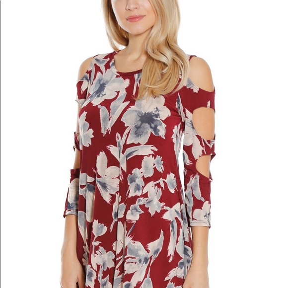 Burgundy Floral Cut Out Shift Dress - Picture 5 of 7